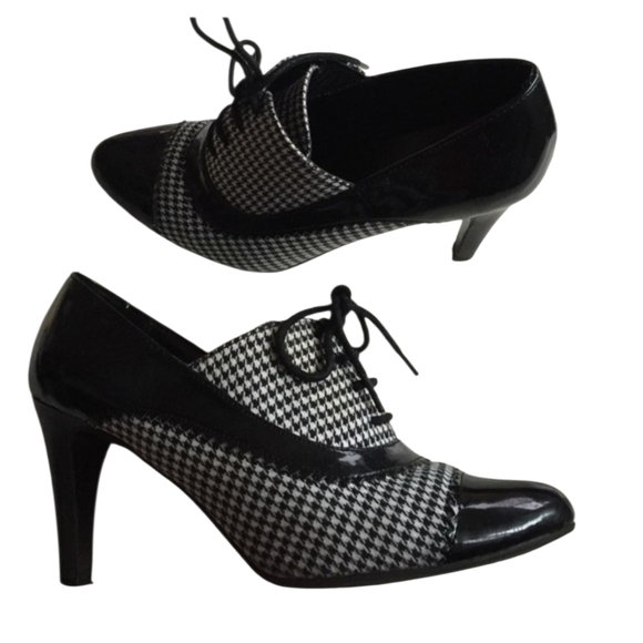 Vintage Impo Black White Plaid Oxford Heels Lace Up Ankle booties Retro US 7.5 - Picture 2 of 11